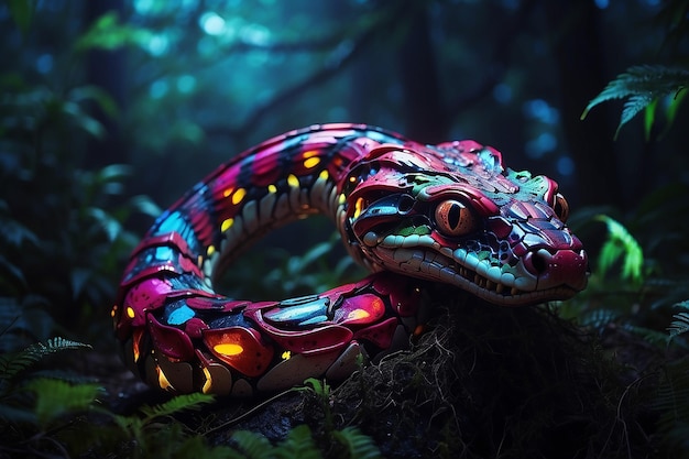 Serpent mécanique multicolore dressant la tête dans une forêt extraterrestre la nuit