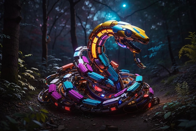 Serpent mécanique multicolore dressant la tête dans une forêt extraterrestre la nuit