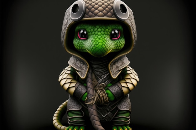 Photo serpent mignon en costume de mascotte de guerrier sur fond noir 12 signes du zodiaque chinois concept d'horoscope