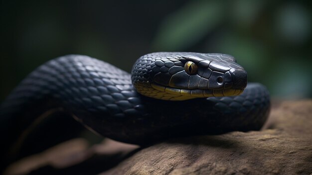 un serpent avec un œil jaune et une bande noire.