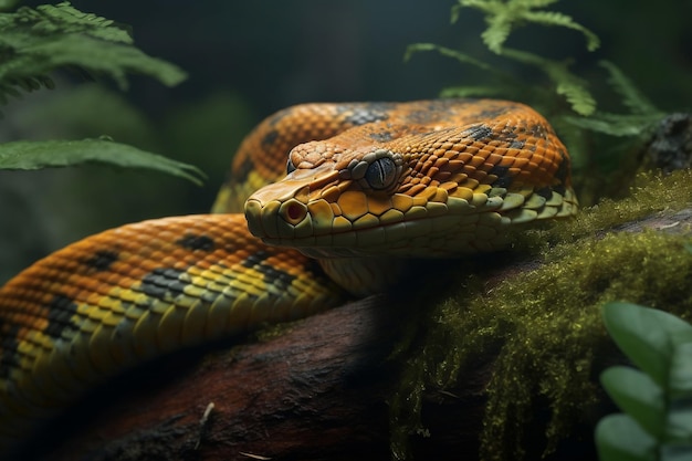 Un serpent à la peau jaune et verte est assis sur une branche d'arbre.