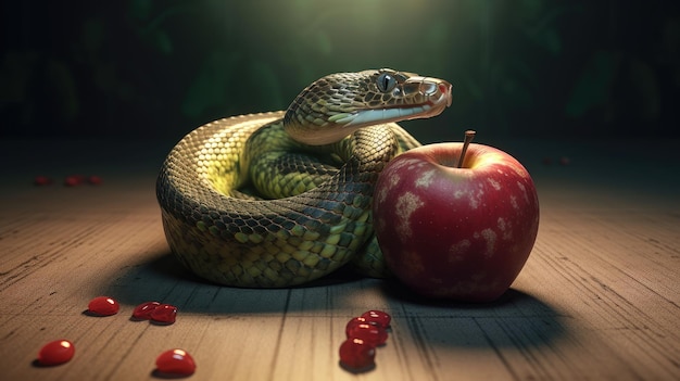 Un serpent et une pomme sur une table