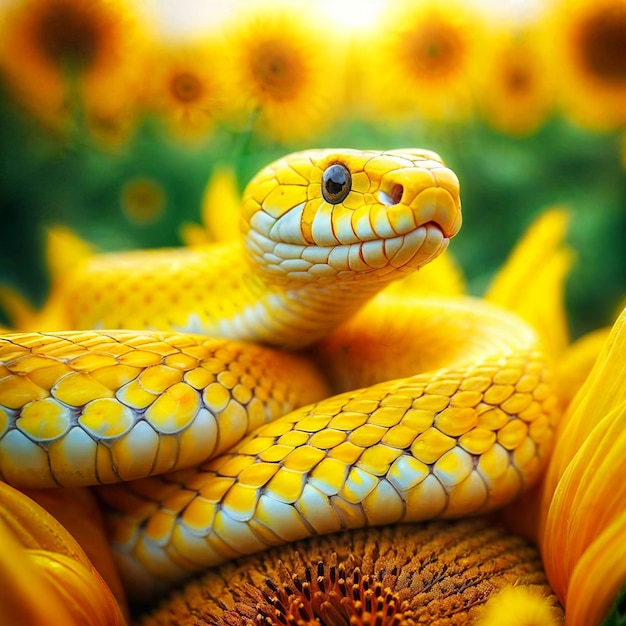 un serpent avec des rayures jaunes sur son visage est allongé sur des tournesols