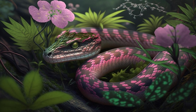 serpent rose en fleur