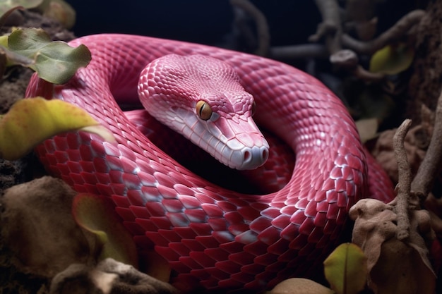 Un serpent rose avec une tête et des yeux roses.