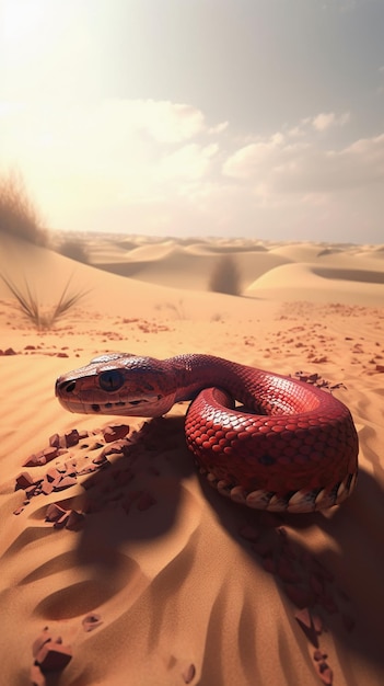 Un serpent rouge dans le désert avec le soleil qui brille dessus.