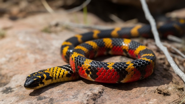 Un serpent rouge et jaune est allongé sur un rocher.