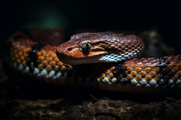 Un serpent se repose sur un rondin dans l'obscurité