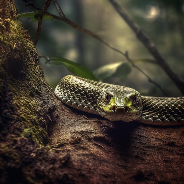 Un serpent se repose sur un tronc d'arbre.