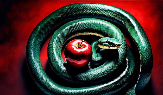 Serpent surréaliste autour d'une pomme rouge pour le concept du péché d'Eva