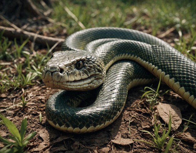 un serpent avec une tache blanche sur la tête est allongé sur le sol