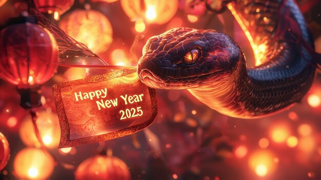 Un serpent tenant élégamment un rouleau avec sa queue affichant le message Bonne année 2025 en calligraphie brillante sur un fond festif de lanternes