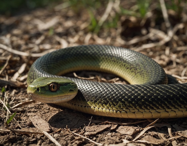 un serpent avec une tête verte allongée sur le sol