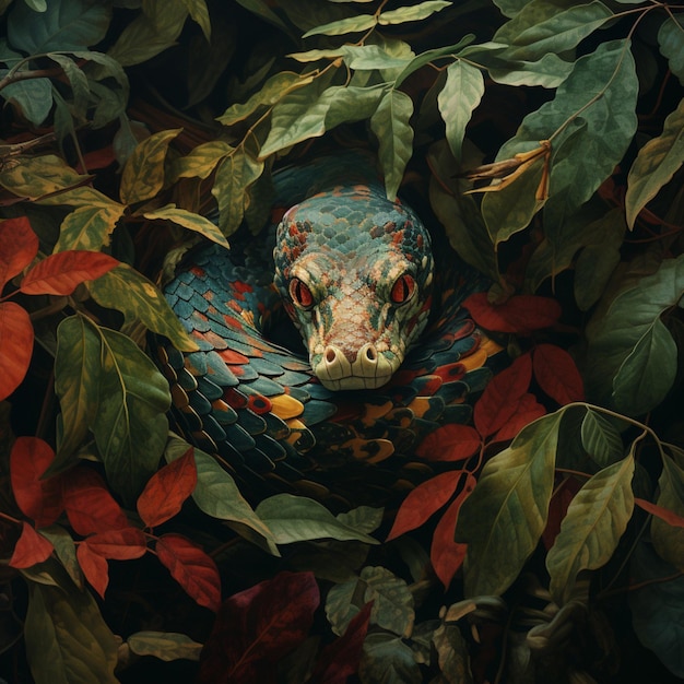 Un serpent venimeux camouflé parmi les feuilles.