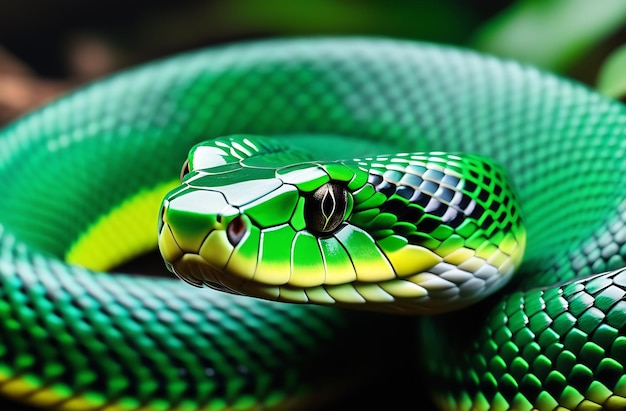 Photo un serpent venimeux vert vif enroulé dans un anneau