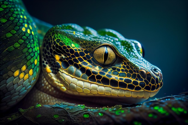 Un serpent vert et bleu avec une tête verte et un œil jaune