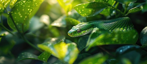 Le serpent vert sur la branche à feuilles