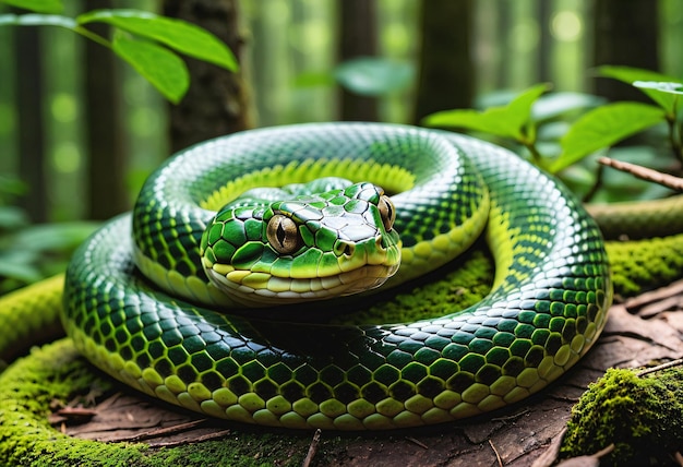 Photo un serpent vert enroulé dans la forêt