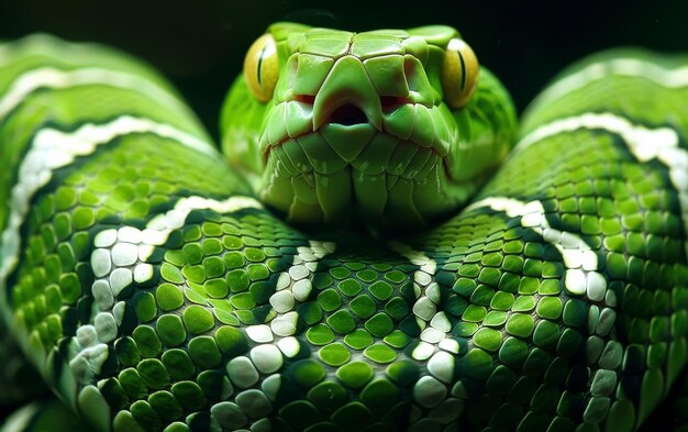 Un serpent vert est enroulé et regarde la caméra.