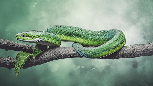 Un serpent vert recroquevillé sur une branche.