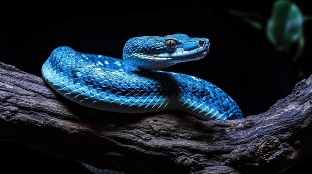 Un serpent vipère bleu sur une branche sur fond noir