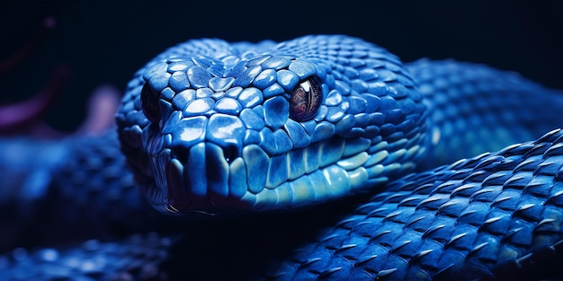 Photo serpentine elegance closeup du visage du serpent vipère bleu dans une image douce