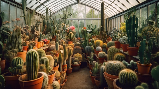 Une serre avec beaucoup de cactus dedans