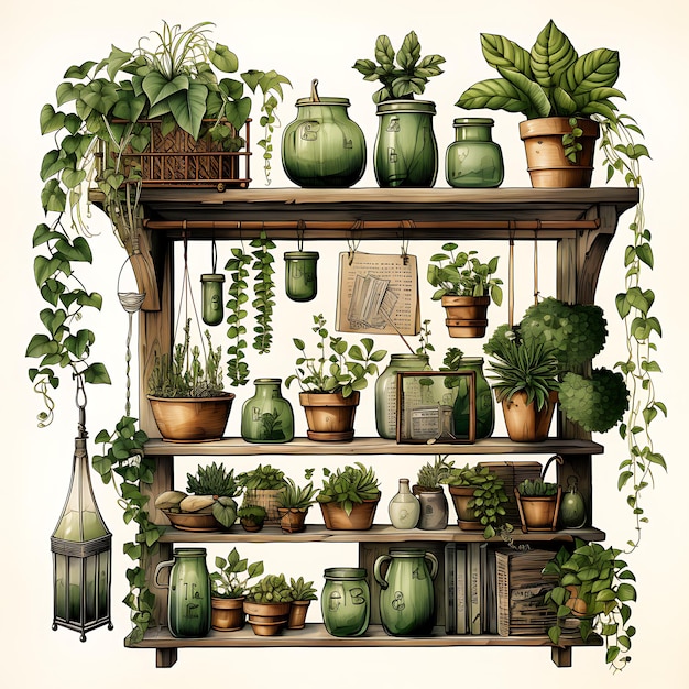 Photo serre de botanistes aquarelle avec des spécimens de plantes outils de jardinage lu clipart sur encre bg blanche