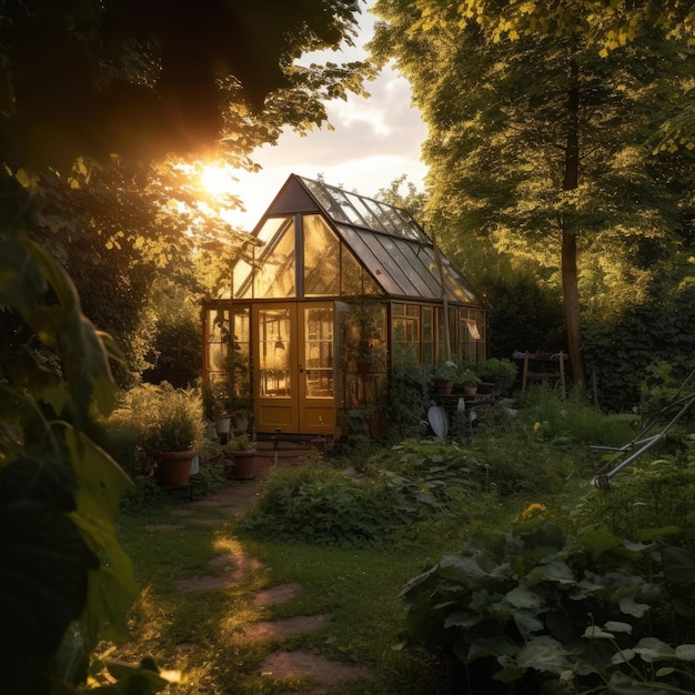 Photo serre dans le jardin avec arbre heure d'or