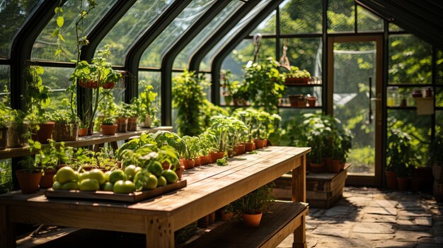 Serre dans le jardin potager pour la culture de tomates concombres autres plantes dans le jardin avec une végétation verte par une journée d'été ensoleillée IA générative