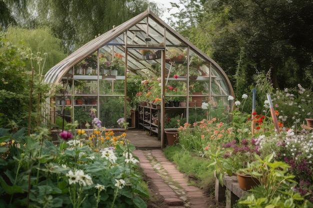 Serre entourée d'un jardin fleuri de fleurs et d'herbes