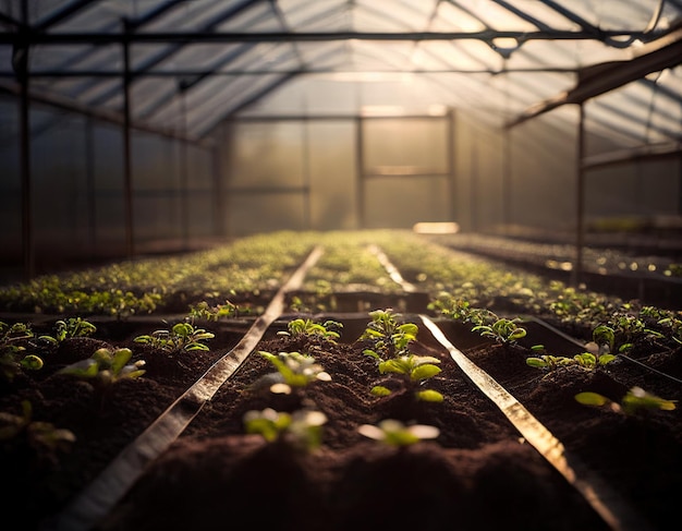 Serre avec de jeunes plantes concept d'agriculture industrielle d'aliments sains AI générative