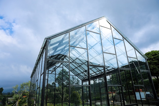 Serre moderne contre le ciel bleu avec des nuages