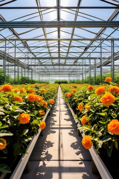 Serre moderne avec une variété de fleurs de plantes qui poussent dans un environnement protégé AI générative