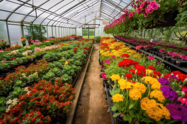 Serre remplie de fleurs vibrantes et colorées créées avec une IA générative