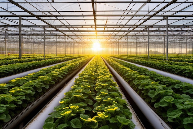 Serre avec une variété de légumes verts et de légumes qui poussent dans un environnement protégé IA générative