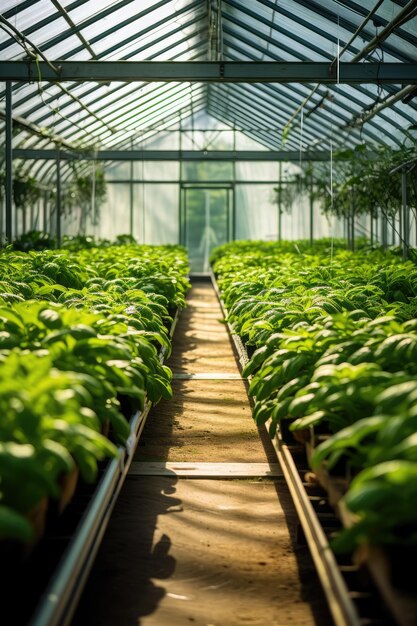 Serre avec une variété de légumes verts et de légumes qui poussent dans un environnement protégé IA générative