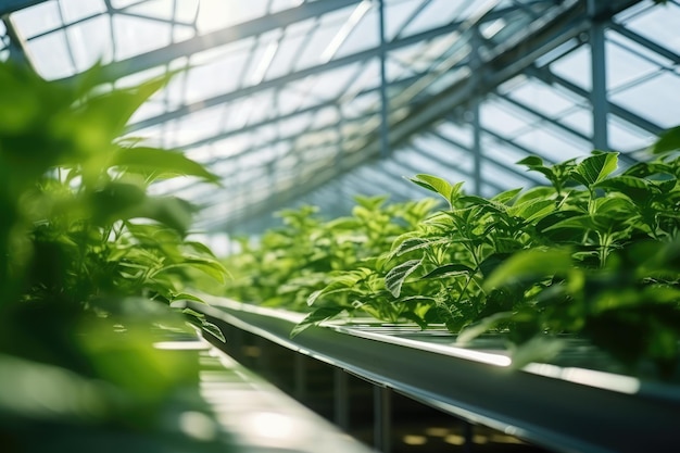 Serre avec une variété de légumes verts et de légumes qui poussent dans un environnement protégé IA générative