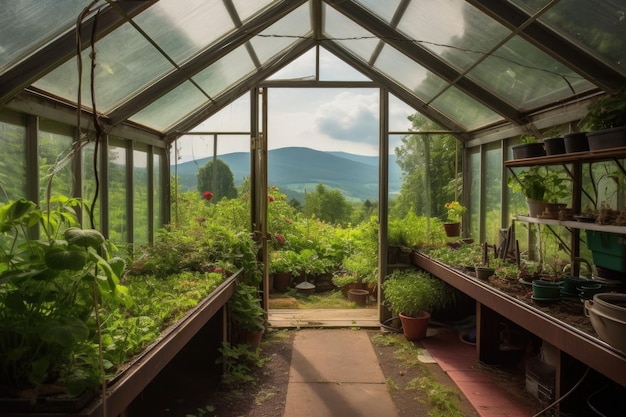 Serre avec vue sur les montagnes entourée de verdure créée avec une IA générative