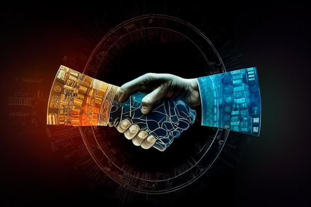 Serrer la main à la conclusion d'un accord commercial Cryptocurrency blockchain bitcoin mining transactions financières art haute résolution Generative AI