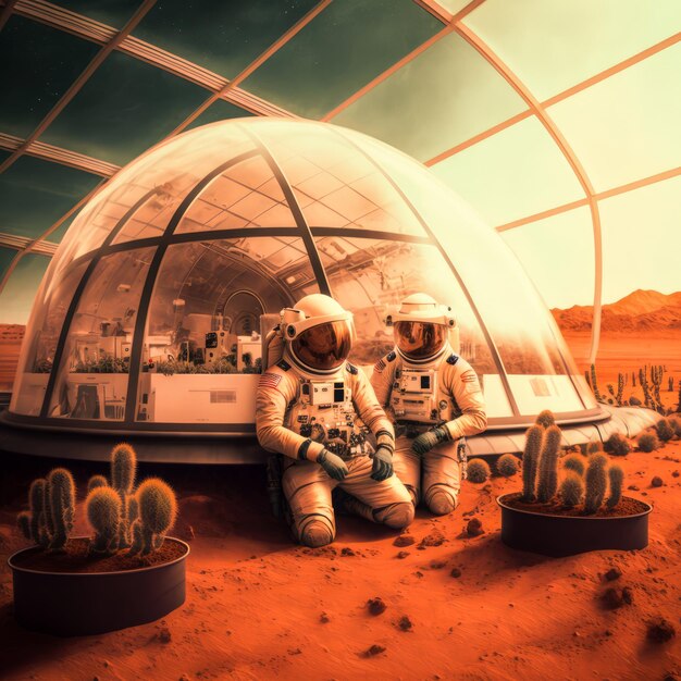 Serres hydroponiques installées sur Mars Vision future de la colonisation humaine sur d'autres planètes Image IA générative