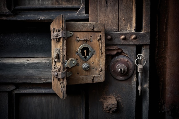 Serrure de porte à charnières dans une vieille maison en bois avec trou de serrure et clé en métal