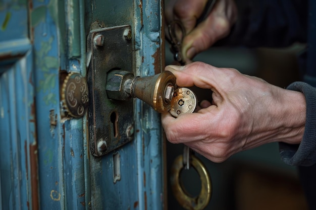 Un serrurier réparant une serrure de porte mettant l'accent sur les capacités de serrurier