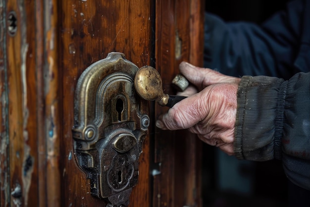 Un serrurier réparant une serrure de porte mettant l'accent sur les capacités de serrurier