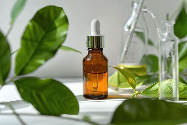 Serum de beauté organique dans un verre avec des feuilles en arrière-plan