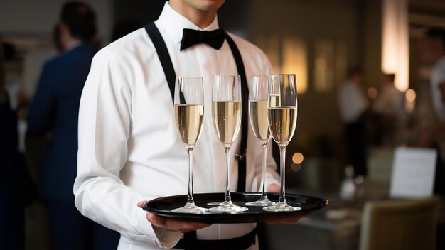 Photo un serveur en chemise blanche tient un plateau avec des flûtes de champagne.