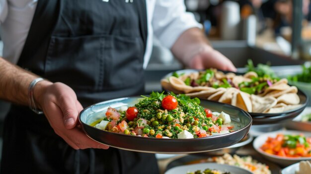 un serveur de cuisine méditerranéenne Tabbouleh servant en mouvement en service dans le restaurant Le serveur porte les plats