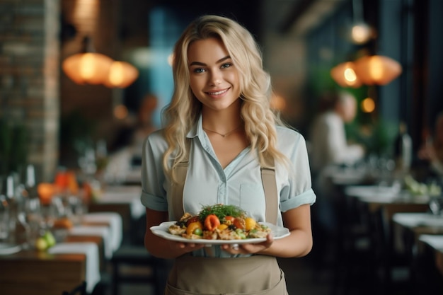 Serveur, femme, intérieur, tenue, portrait, travail, restaurant, devant, nourriture debout, sourire, IA générative