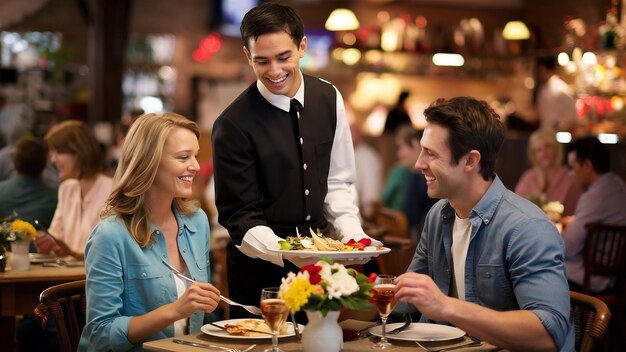 Photo un serveur heureux sert un repas à un couple pendant le déjeuner dans un restaurant.