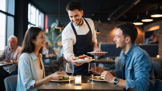 Photo un serveur heureux sert un repas à un couple pendant le déjeuner dans un restaurant.